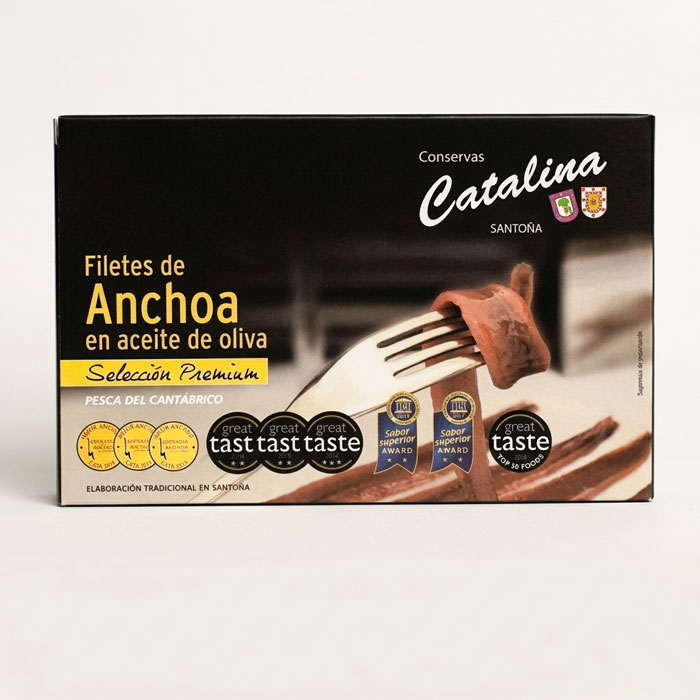 Filetes de Anchoa 'Selección Premium' en Aceite de Oliva - Conservas Catalina (110 g), caja, vista delantera