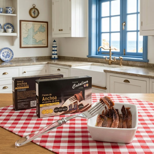 Filetes de Anchoa 'Selección Premium' en Aceite de Oliva - Conservas Catalina (110 g), composición sobre mesa en cocina marinera