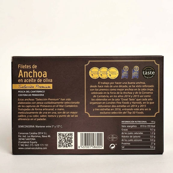 Filetes de Anchoa 'Selección Premium' en Aceite de Oliva - Conservas Catalina (110 g), caja, vista trasera