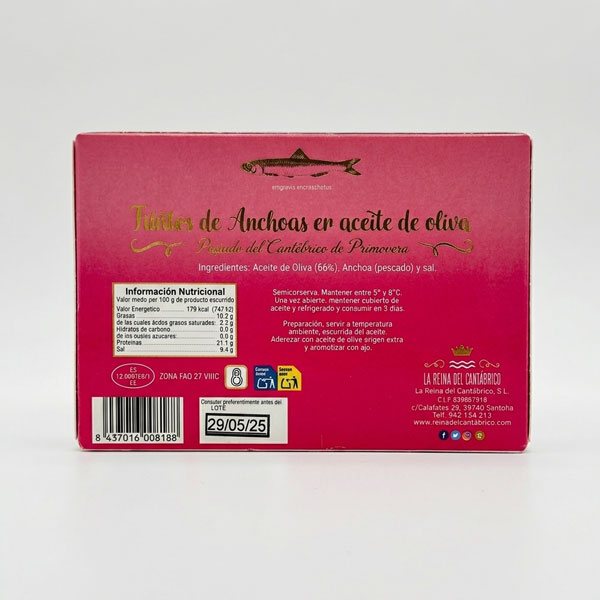 Filetes Anchoa en aceite de Oliva La Reina del Cantábrico, vista trasera