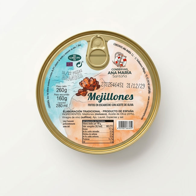 Mejillones fritos en escabeche Conservas Ana María, vista cenital lata cerrada