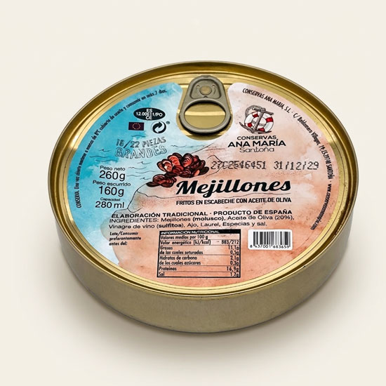 Mejillones fritos en escabeche Conservas Ana María, vista frontal lata cerrada