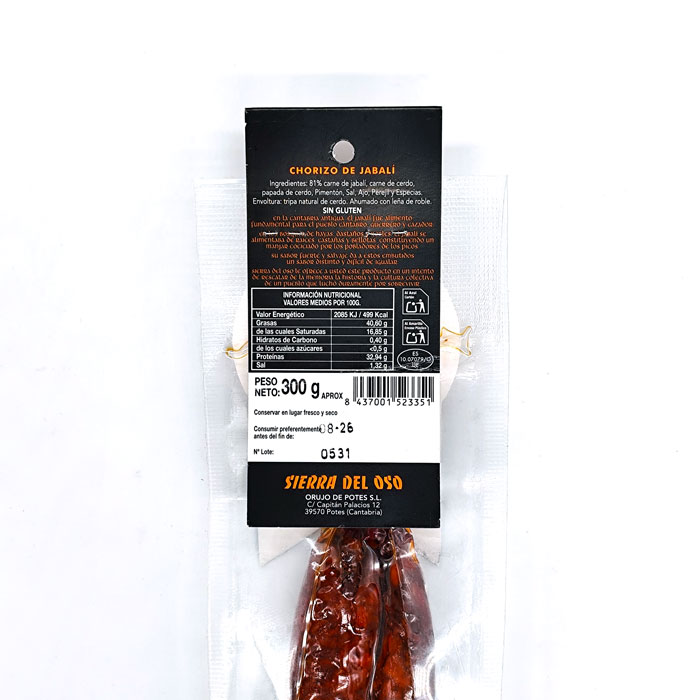 Chorizo de Jabalí Sierra del Oso, etiqueta vista trasera