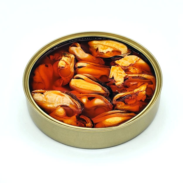 Mejillones fritos en escabeche Conservas Ana María, vista frontal lata abierta