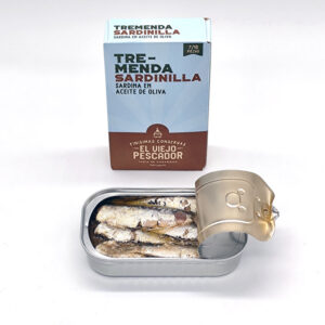 Sardinillas Aceite Oliva Viejo Pescador (caja lata abierta frontal)
